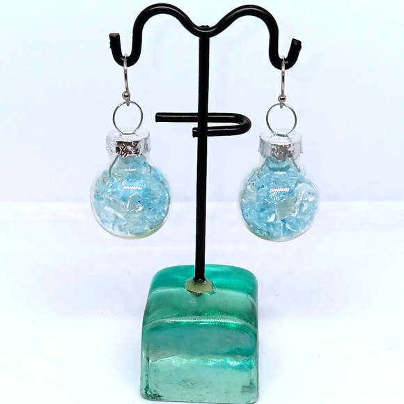 HANDMADE Aquamarine Natural Stone Filled Glass Mini Christmas Ornament Earrings - Picture 1 of 4